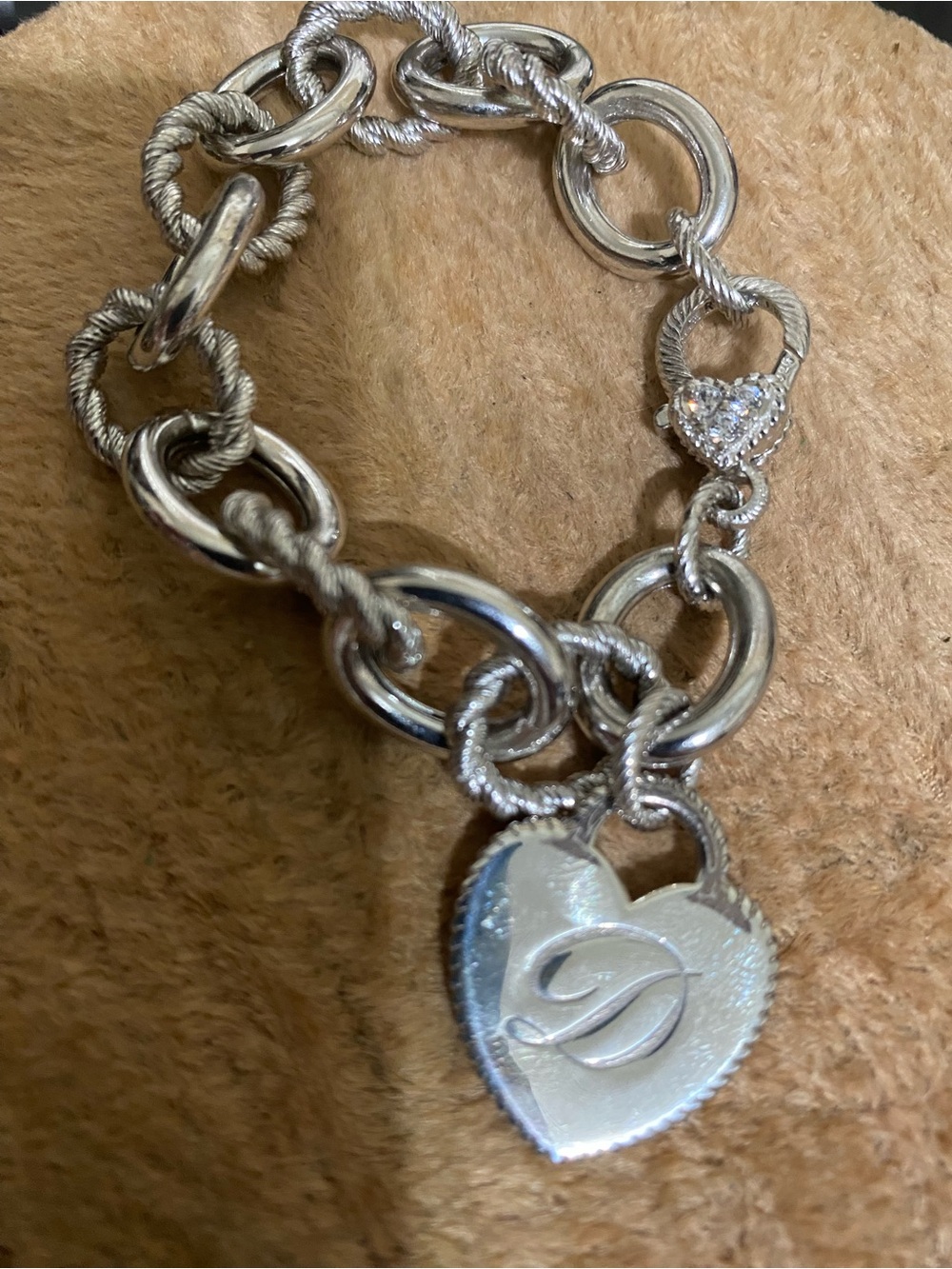 JUDITH RIPKA 925 Sterling Silver C Z Letter D Heart Tag Cable Link Bracelet 7.5"
